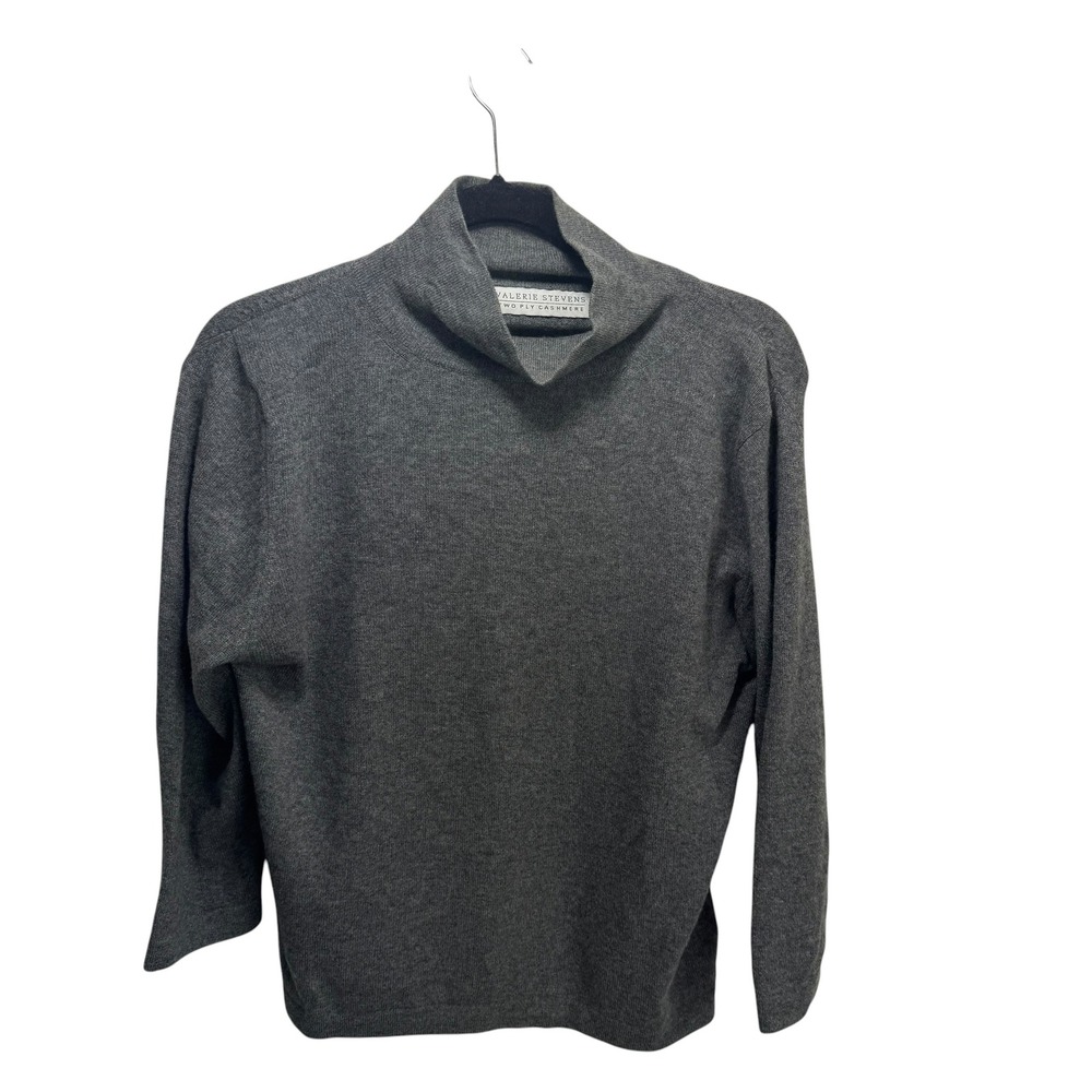 Valerie Stevens Quiet Luxury Gray 100% Cashmere Mock Neck Sweater L 3/4 Sleeves